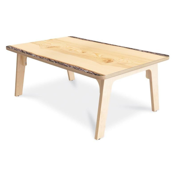 Whitney Brothers Nature View Live Edge Rectangle Table 18H with realistic wood grain, bark-textured edges, and birch plywood legs, a durable preschool classroom table