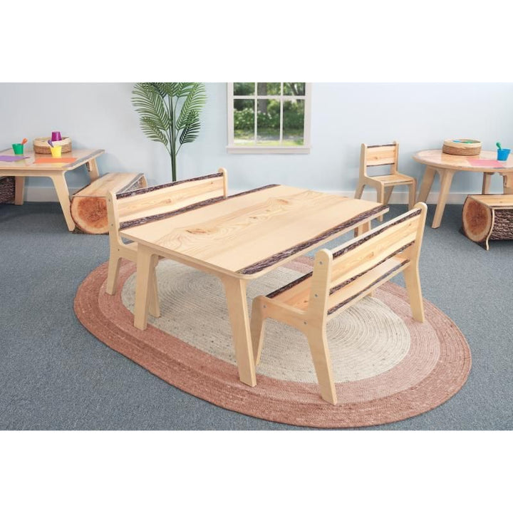 Whitney Brothers Nature View Live Edge Rectangle Table 18H paired with two Live Edge benches, creating a biophilic kids activity table seating area