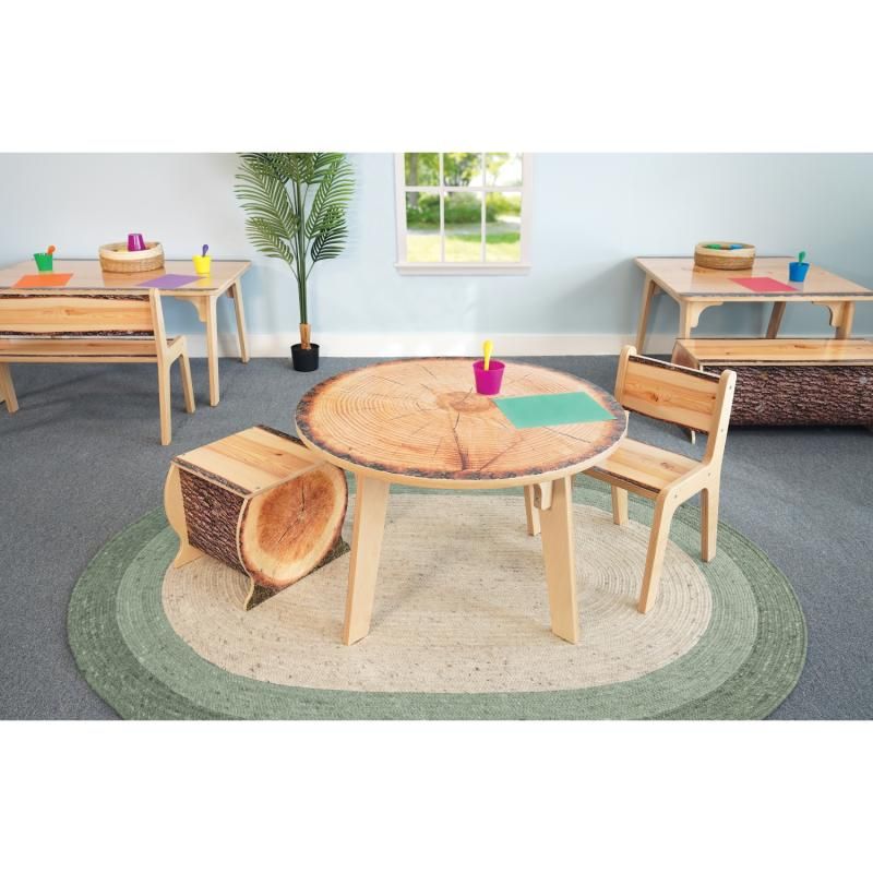 Whitney Brothers Nature View Live Edge Round Table 22H set for craft time with a Live Edge log stool and wooden chair, biophilic daycare decor for group activities