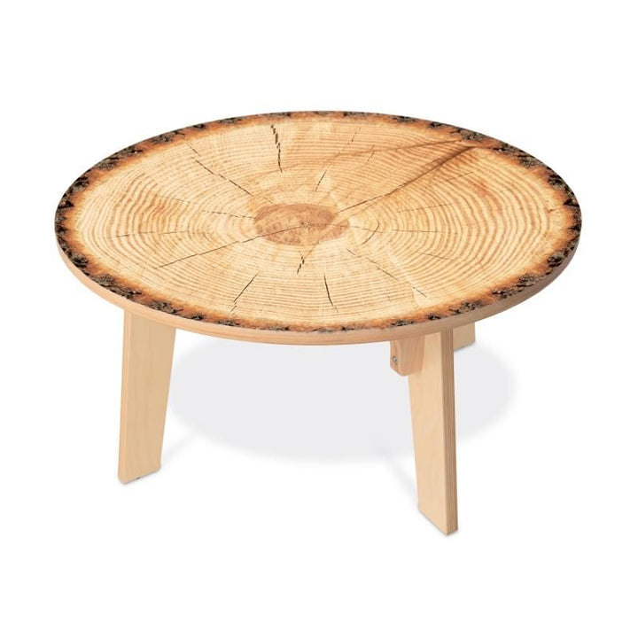 Whitney Brothers Nature View Live Edge Round Table 18H showing cross-cut growth rings and a bark edge on durable birch plywood legs