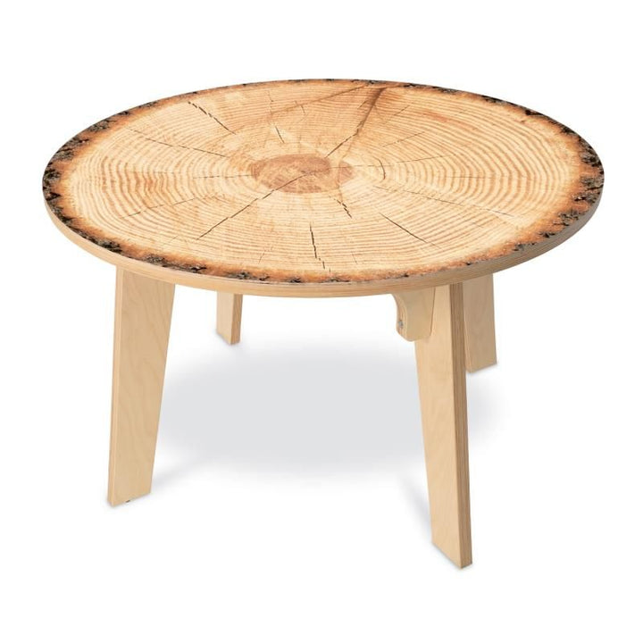 Whitney Brothers Nature View Live Edge Round Table 22H with a realistic tree ring tabletop and bark edge on sturdy birch plywood legs