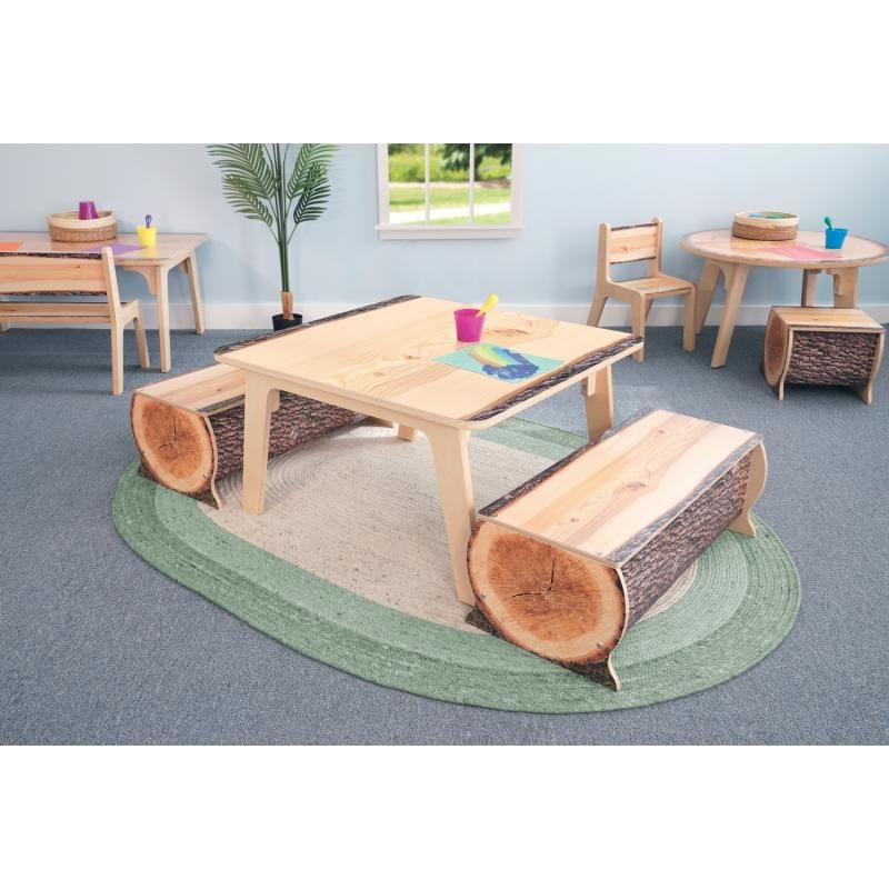 Whitney Brothers Nature View Live Edge Square Table 22 inch with matching Live Edge log benches, a nature-inspired kids activity table setup for group play