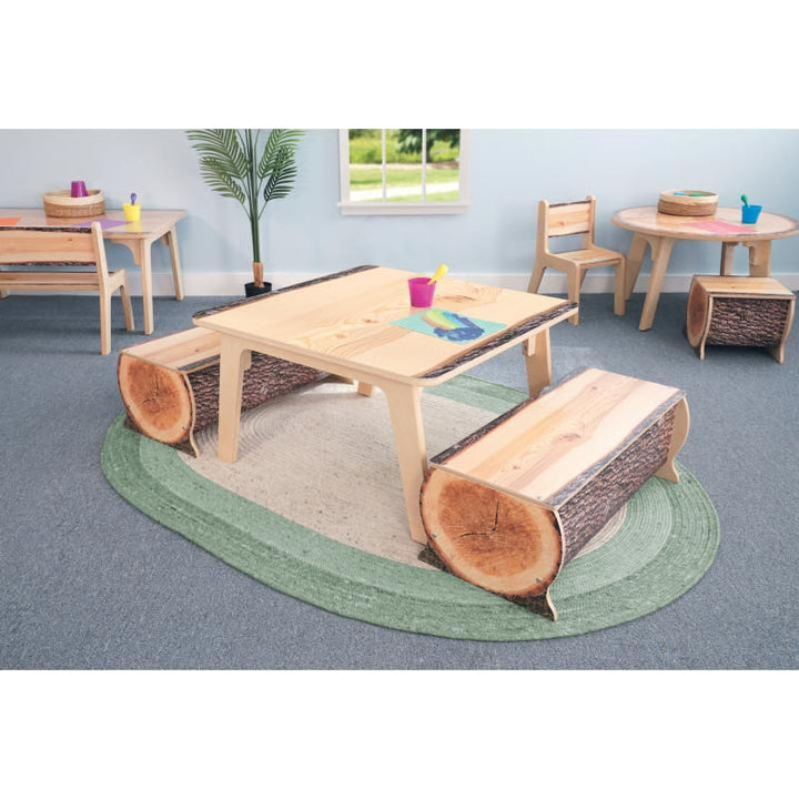 Whitney Brothers Nature View Live Edge Square Table 22 inch with matching Live Edge log benches, a nature-inspired kids activity table setup for group play