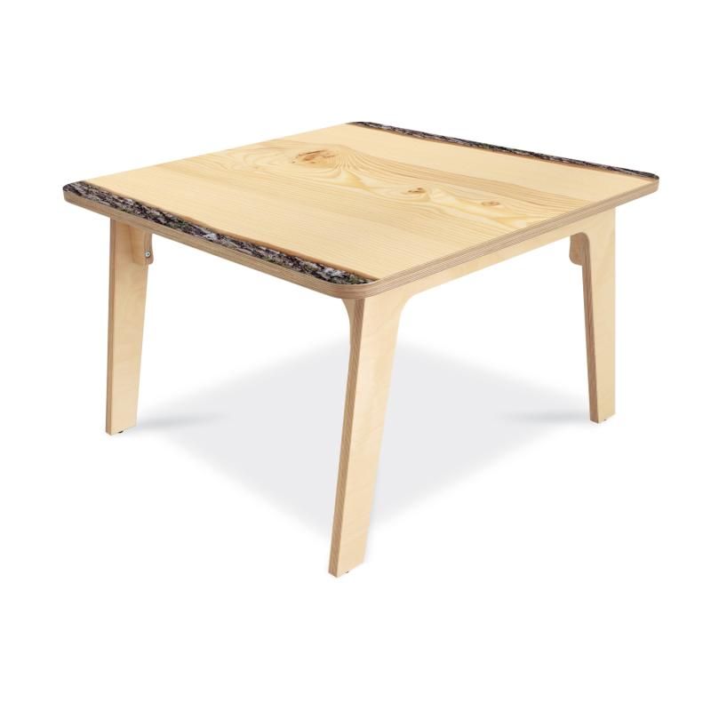 Whitney Brothers Nature View Live Edge Square Table in the 22 inch height, featuring birch plywood legs and a realistic live edge wood grain top