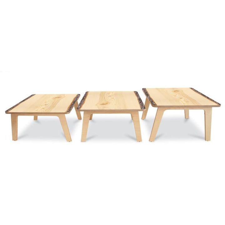 Whitney Brothers Nature View Live Edge Square Tables shown side by side in three heights, kids activity tables for preschool and early elementary rooms