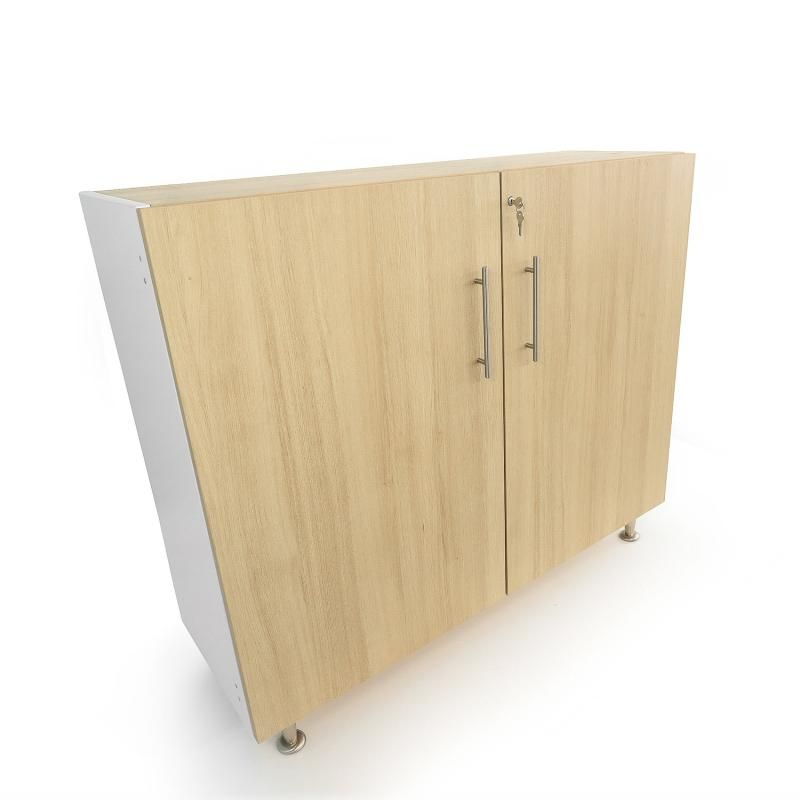 Whitney Brothers elevatED Lockable Wall Cabinet with locking doors closed, textured white oak panels, satin chrome handles and brushed nickel legs for secure lockable storage