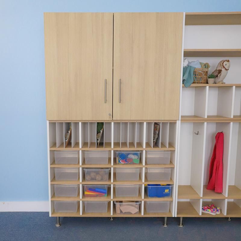 Whitney Brothers elevatED Lockable Wall Cabinet paired with elevatED Collection storage pieces to create a cohesive classroom storage wall for daycares and schools