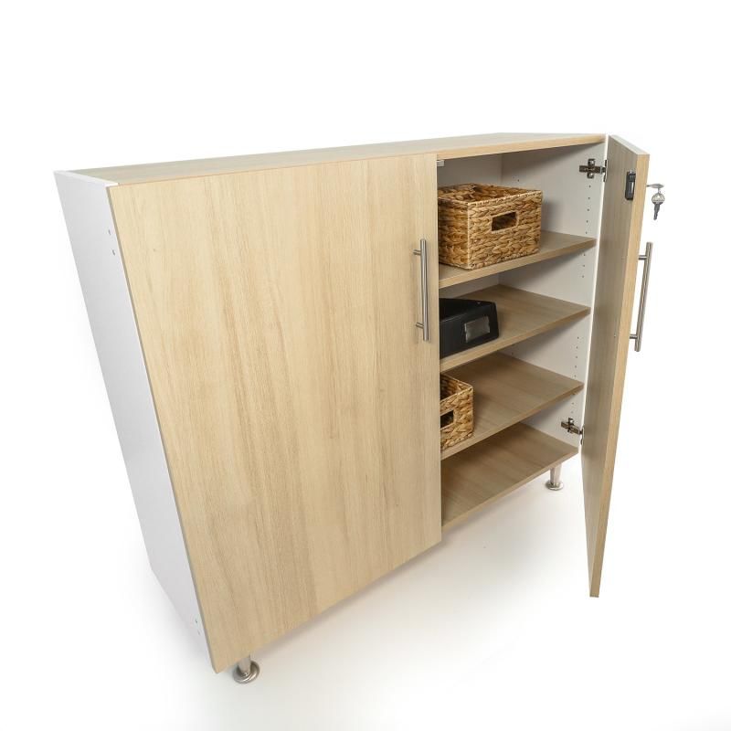 Whitney Brothers elevatED Lockable Wall Cabinet open to show one fixed and two adjustable shelves behind soft-close doors, flexible classroom storage cabinet space