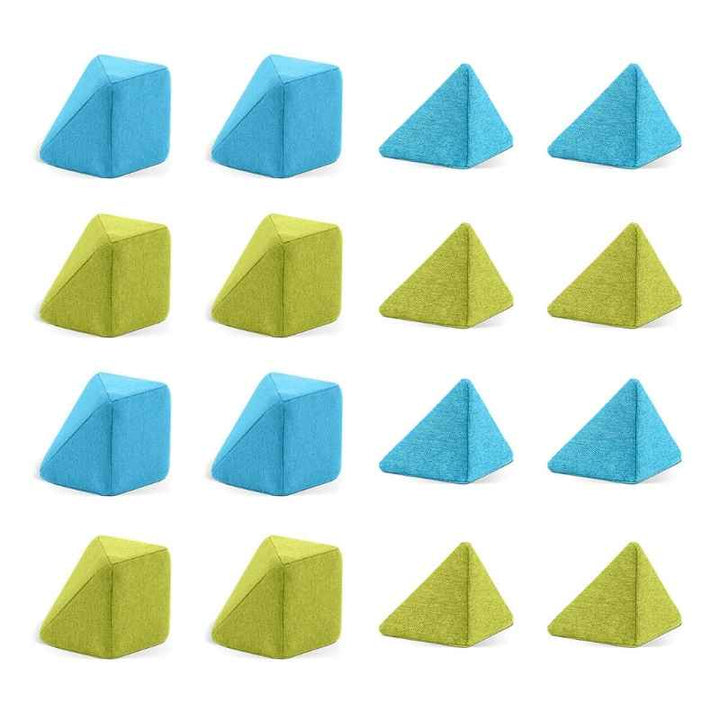 All 16 pieces of the JollyHeap Extra 16 magnetic block expansion set laid out, showing the 8 wedge shaped blocks and 8 pyramids included in this sensory building set