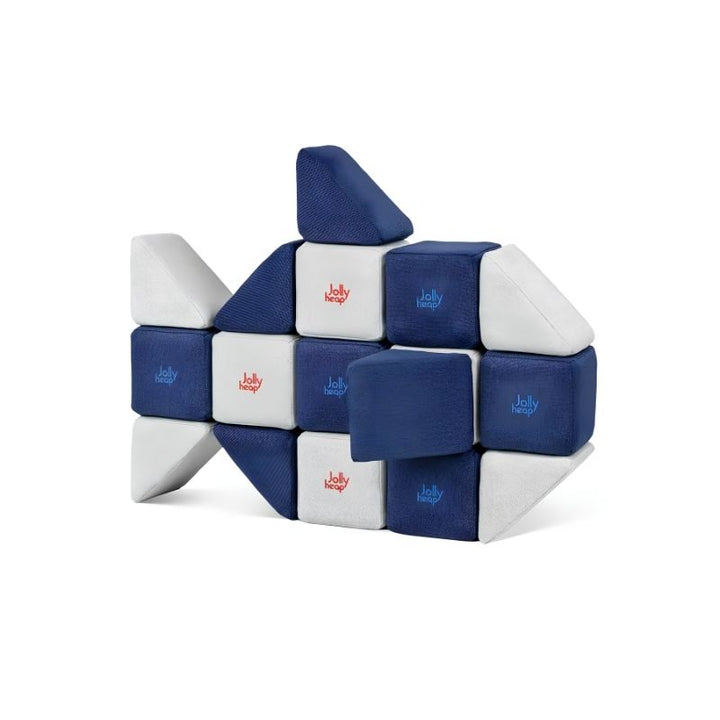 JollyHeap Mini magnetic block set built into a fish shape using the navy and white toddler building blocks
