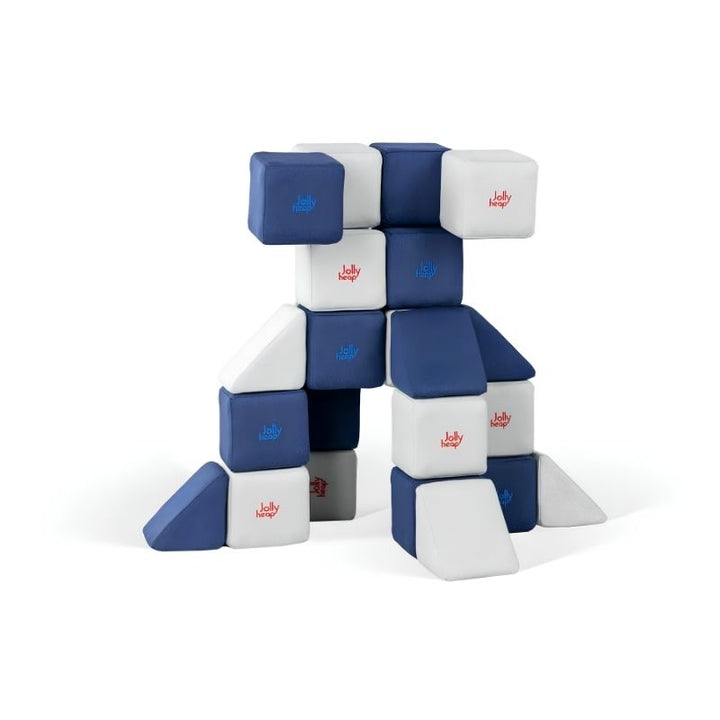 JollyHeap Mini magnetic block set built into a robot figure, showing the navy and white toddler building blocks