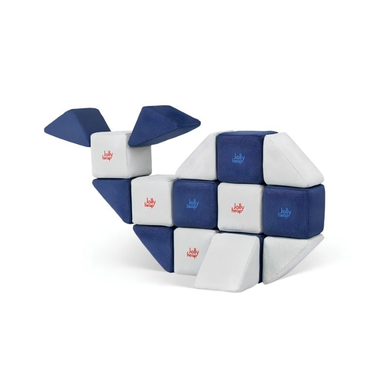 JollyHeap Mini magnetic block set built into a whale shape, showing the navy and white toddler building blocks
