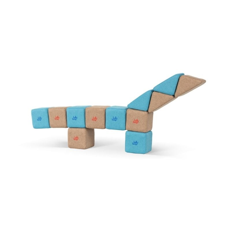 JollyHeap Pixi magnetic building blocks arranged into a low dinosaur shaped build for toddlers