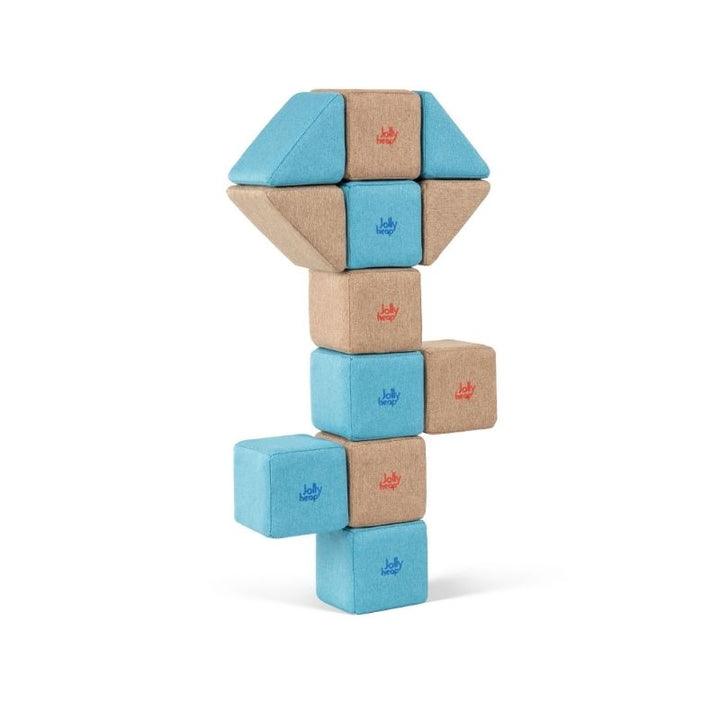 JollyHeap Pixi magnetic building blocks stacked into a tall tower with a pointed triangular roof