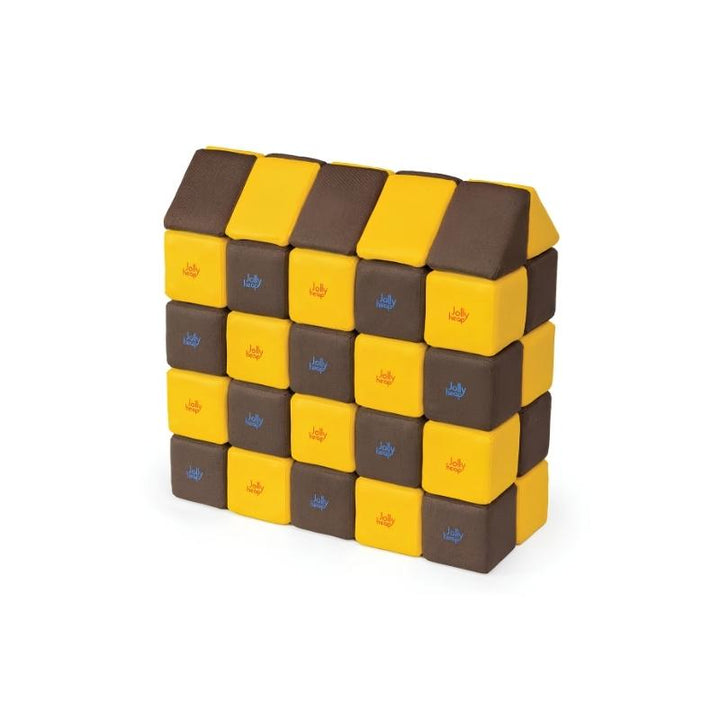 JollyHeap Medium Set magnetic soft blocks built into a small checkerboard wall structure with peaked triangle roof pieces