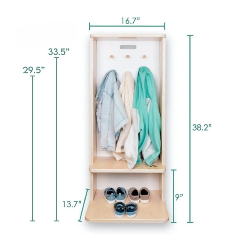 Sapiens Child Mango Montessori Cubby Coat Rack detailed dimension display showing the 38.2 inch height, 16.7 inch width, and 13.7 inch depth of the Canadian-made child-sized entryway coat rack