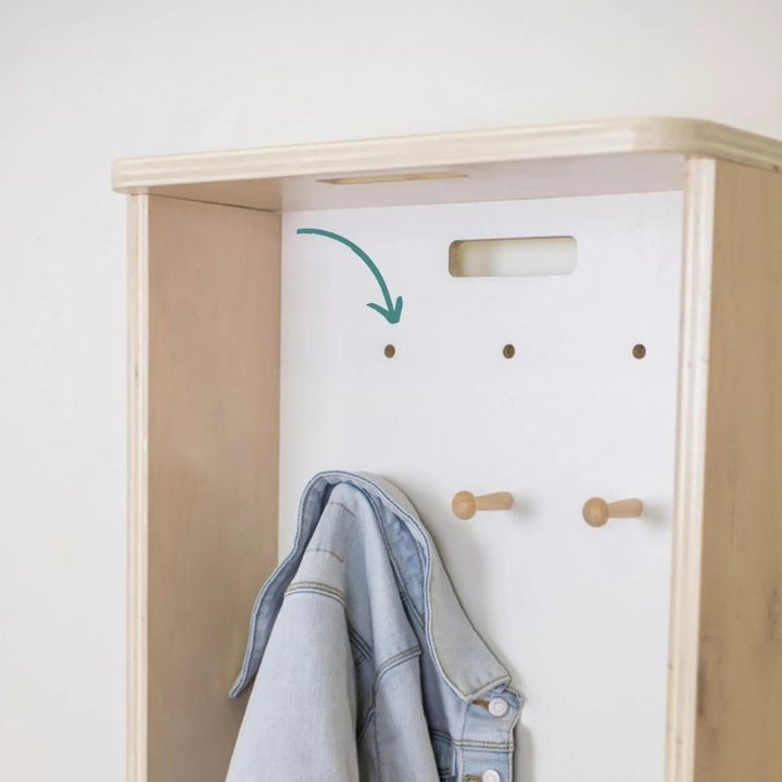 Sapiens Child Mango Montessori Cubby Coat Rack top view showing the 6 hooks, seat surface, and maple plywood construction of the Canadian-made child-sized entryway organiser