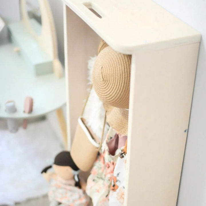 Sapiens Child Mango Montessori Cubby Coat Rack second top view showing the hook placement and non-toxic eco-friendly maple plywood finish of the Canadian-made child-sized coat and shoe rack