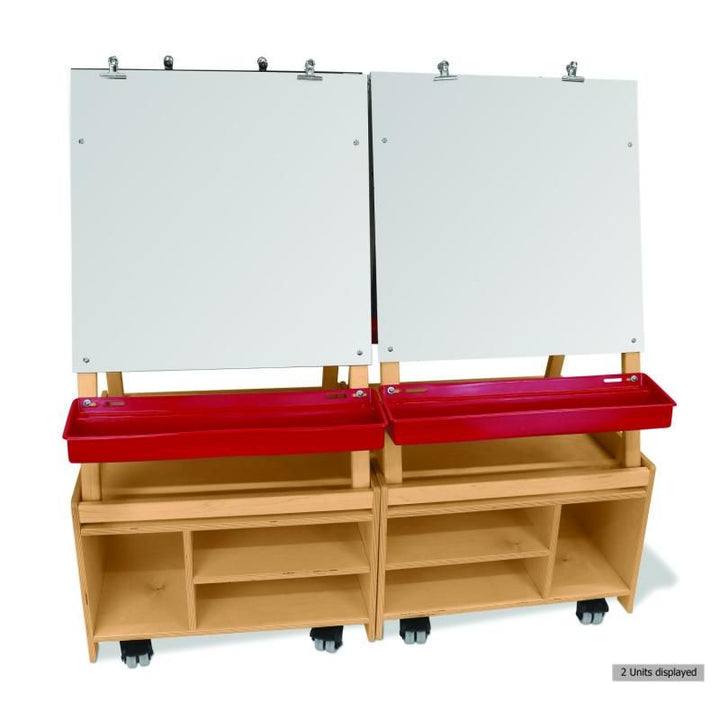 Two Whitney Brothers Mobile Art Center Two Station Sets placed side by side, creating a larger mobile art station with dry erase easels and supply storage for busy classrooms