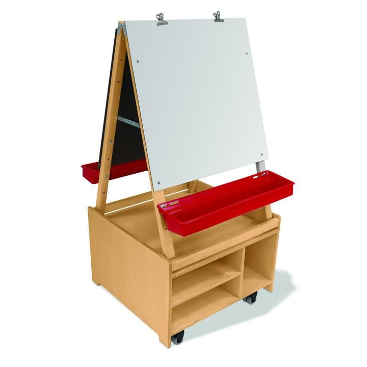 Angled view of the Whitney Brothers Mobile Art Center Two Station Set, a classroom art easel with removable tabletop easels and open shelf storage below
