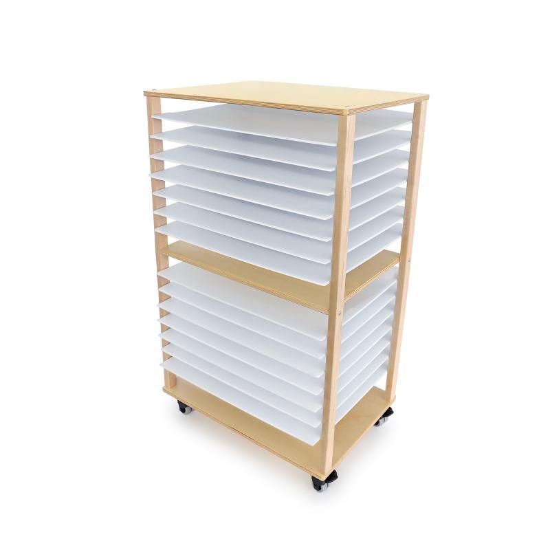 Whitney Brothers Mobile Art Drying Rack at an angle, showing its birch and maple frame and lockable casters, a paint drying rack that rolls easily around the art room
