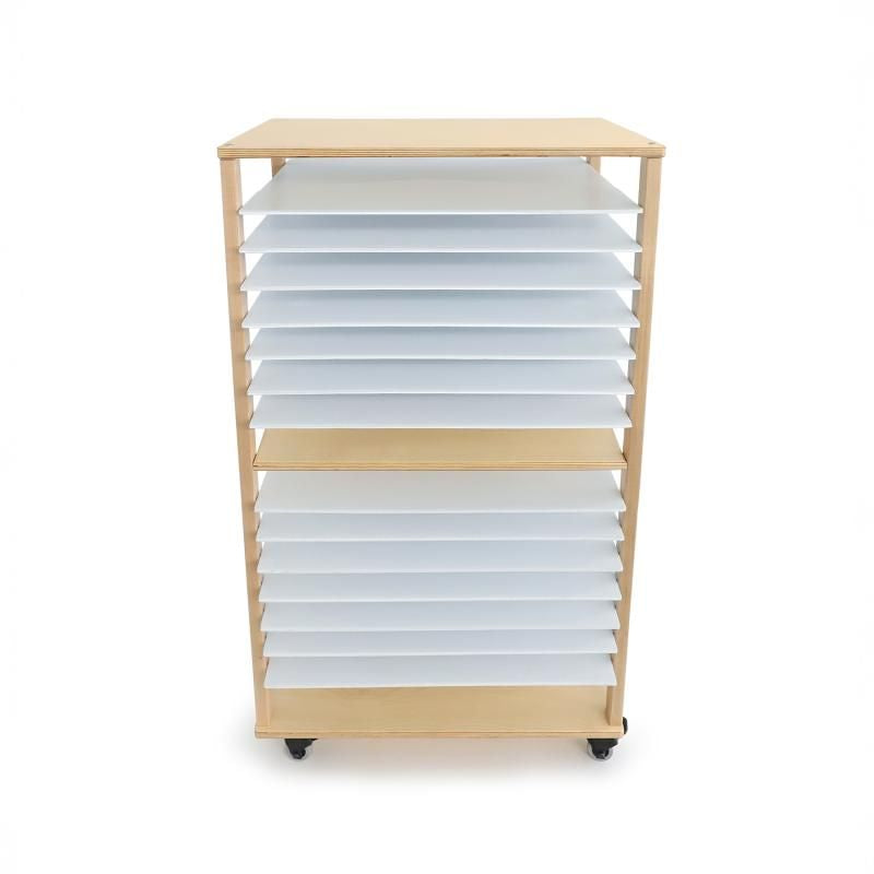Whitney Brothers Mobile Art Drying Rack from the front, with 14 white waterproof shelves and one fixed birch shelf on a wooden art drying rack frame