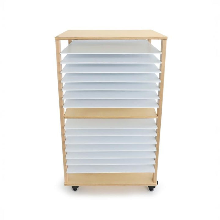 Whitney Brothers Mobile Art Drying Rack from the front, with 14 white waterproof shelves and one fixed birch shelf on a wooden art drying rack frame