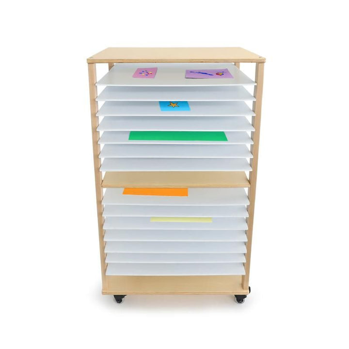 Whitney Brothers Mobile Art Drying Rack with paper artwork drying flat on its waterproof shelves, a classroom art drying rack for schools and daycares