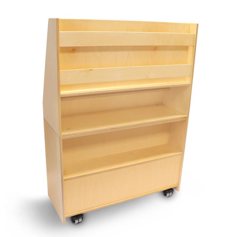 Empty back view of the Whitney Brothers Deluxe Mobile Book Library with its vertical pocket shelf and storage compartments, a birch classroom book display cart on non-marking casters