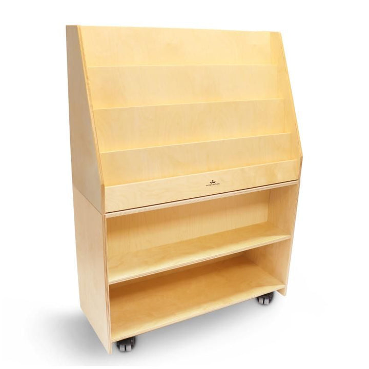 Empty front view of the Whitney Brothers Deluxe Mobile Book Library in natural birch plywood, showing cascading display shelves and lockable casters on this mobile book display