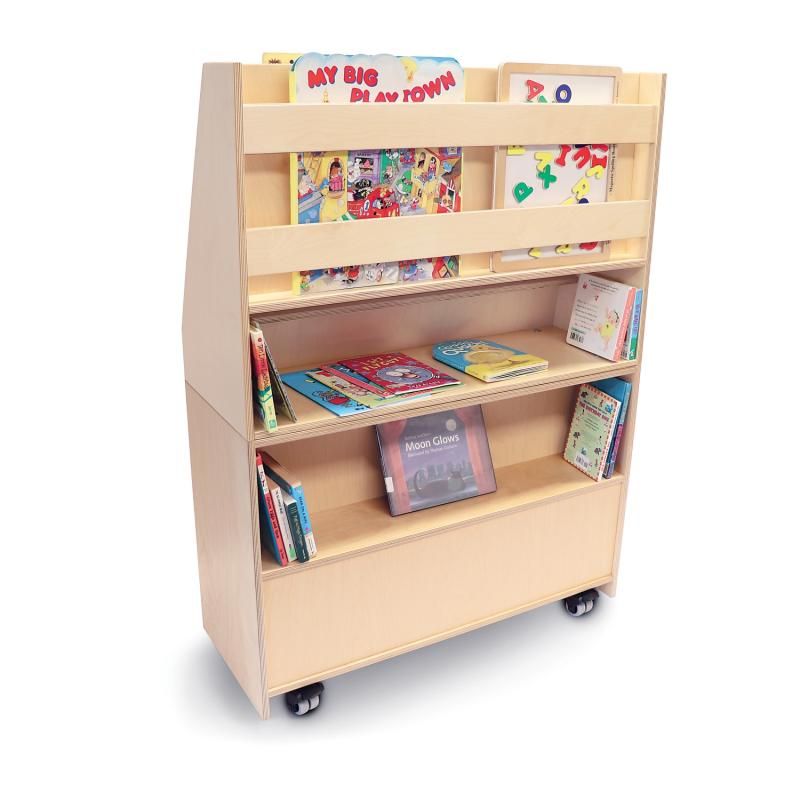 Back of the Whitney Brothers Deluxe Mobile Book Library with oversized books in the vertical pocket shelf, a double-sided mobile library cart with open classroom book storage below
