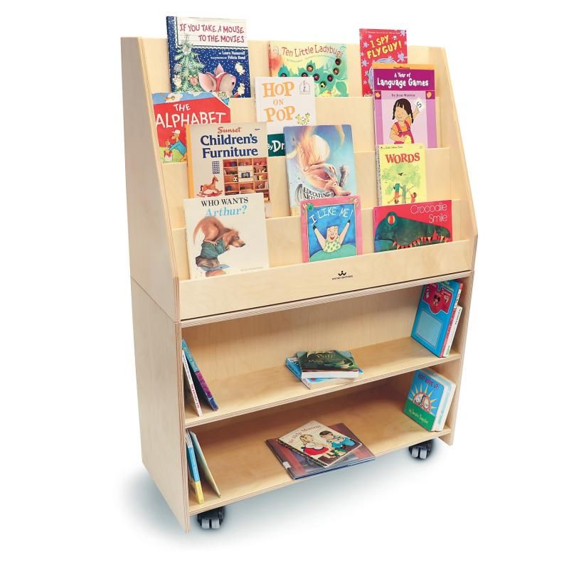 Whitney Brothers Deluxe Mobile Book Library filled with children's books on four angled cascading shelves, a front-facing mobile book display for classrooms and home reading nooks