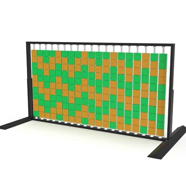 Angled view of the LiteZilla Mosaico Wall freestanding rotating wall panel with orange and green large squares in a zig zag pattern