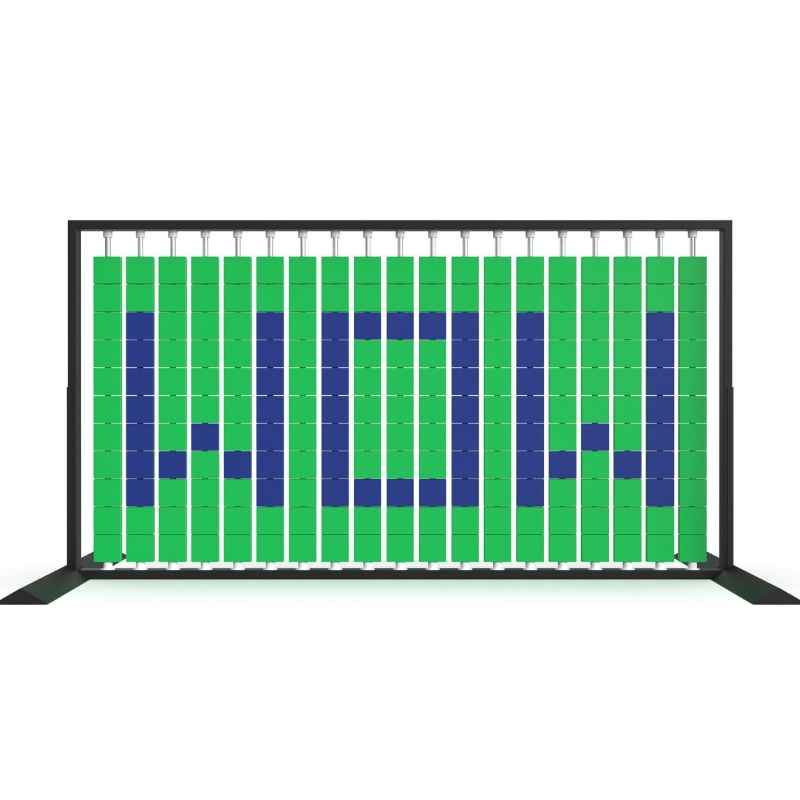 Angled view of the LiteZilla Mosaico Wall freestanding rotating wall panel spelling WOW in sapphire and green large squares
