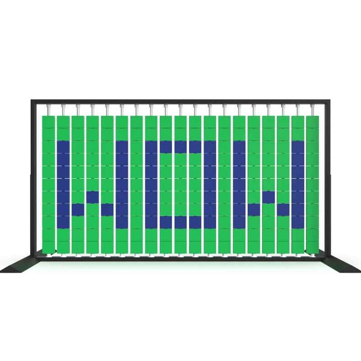 Angled view of the LiteZilla Mosaico Wall freestanding rotating wall panel spelling WOW in sapphire and green large squares