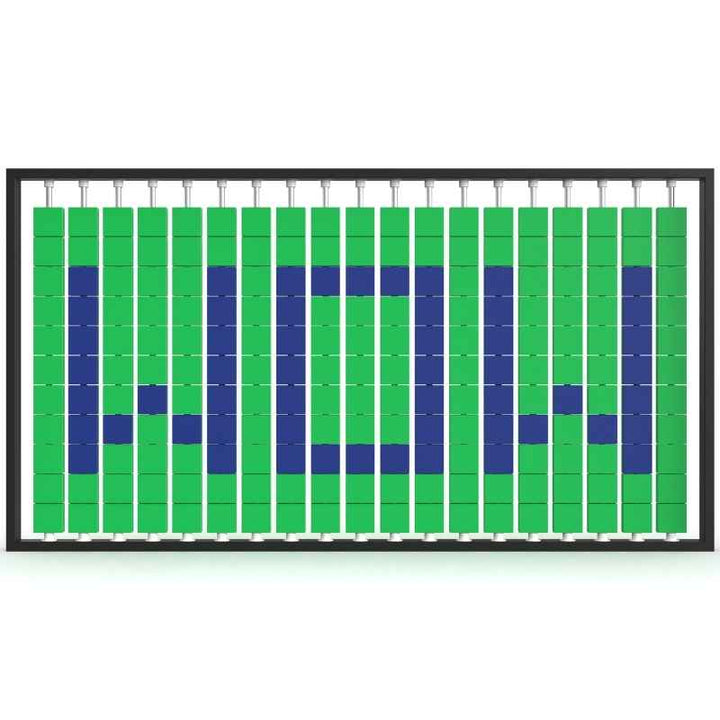 LiteZilla Mosaico Wall wall mounted rotating wall panel spelling WOW in sapphire and green large squares