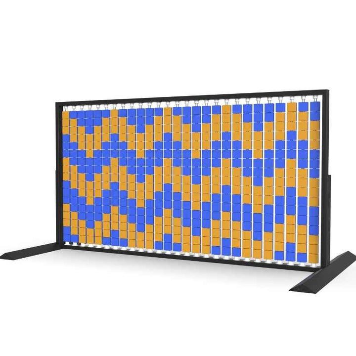 Angled view of the LiteZilla Mosaico Wall freestanding rotating wall panel with blue and orange small squares in a zig zag pattern