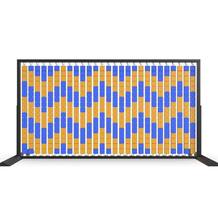 LiteZilla Mosaico Wall freestanding rotating wall panel with blue and orange small squares in a zig zag pattern