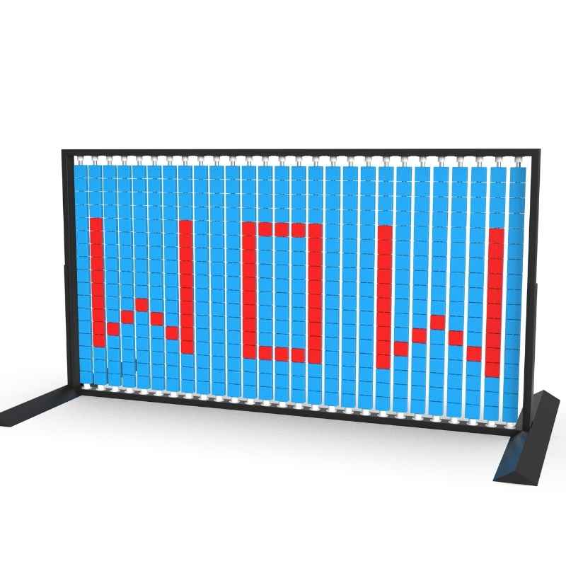Angled view of the LiteZilla Mosaico Wall freestanding rotating wall panel spelling WOW in red and light blue small squares