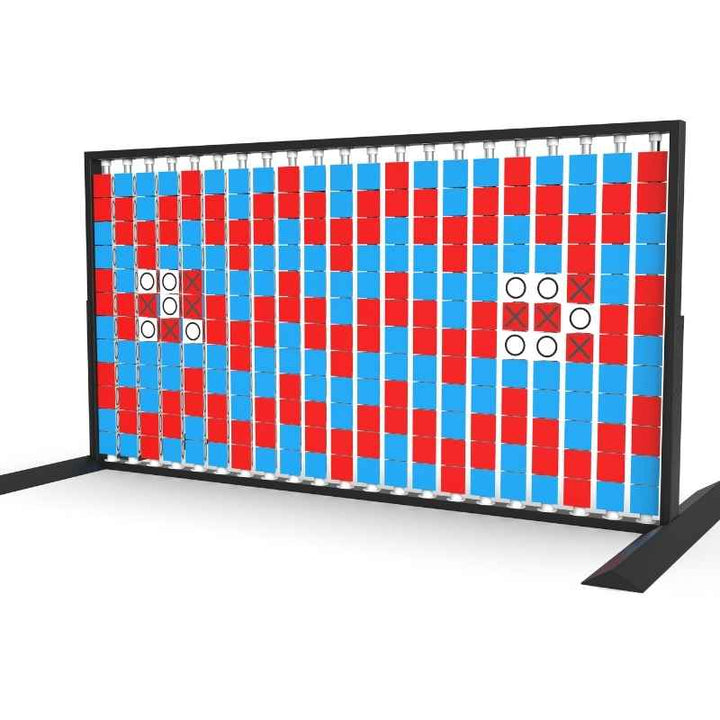 Angled view of the LiteZilla Mosaico Wall freestanding rotating wall panel with two built in tic tac toe games on light blue, red and white triangles