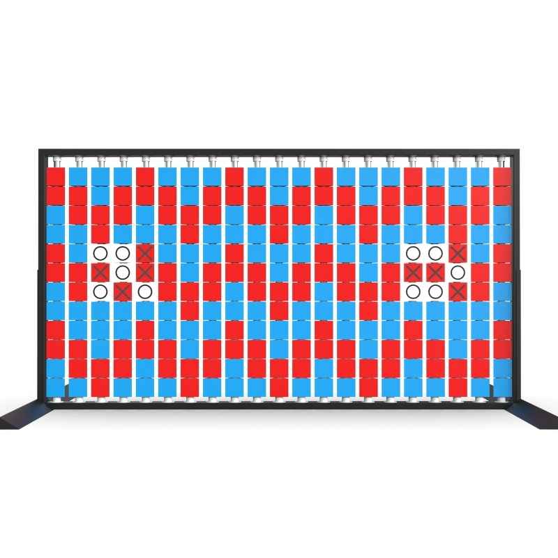 LiteZilla Mosaico Wall freestanding rotating wall panel with two built in tic tac toe games on light blue, red and white triangles