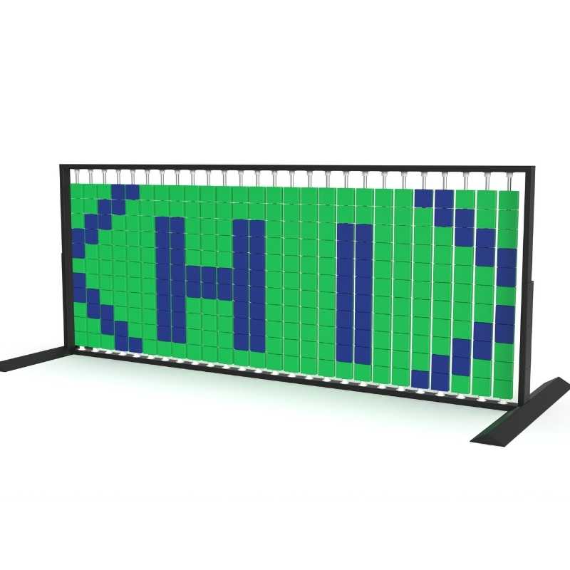 Angled view of the LiteZilla Mosaico Wall freestanding rotating wall panel spelling HI in green and sapphire large squares