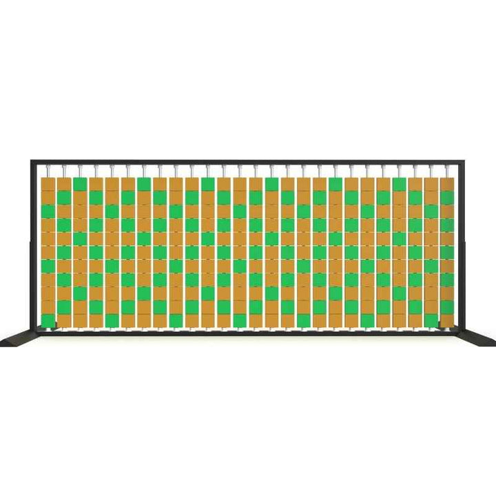 Angled view of the LiteZilla Mosaico Wall freestanding rotating wall panel with sapphire and orange large squares in a lattice pattern