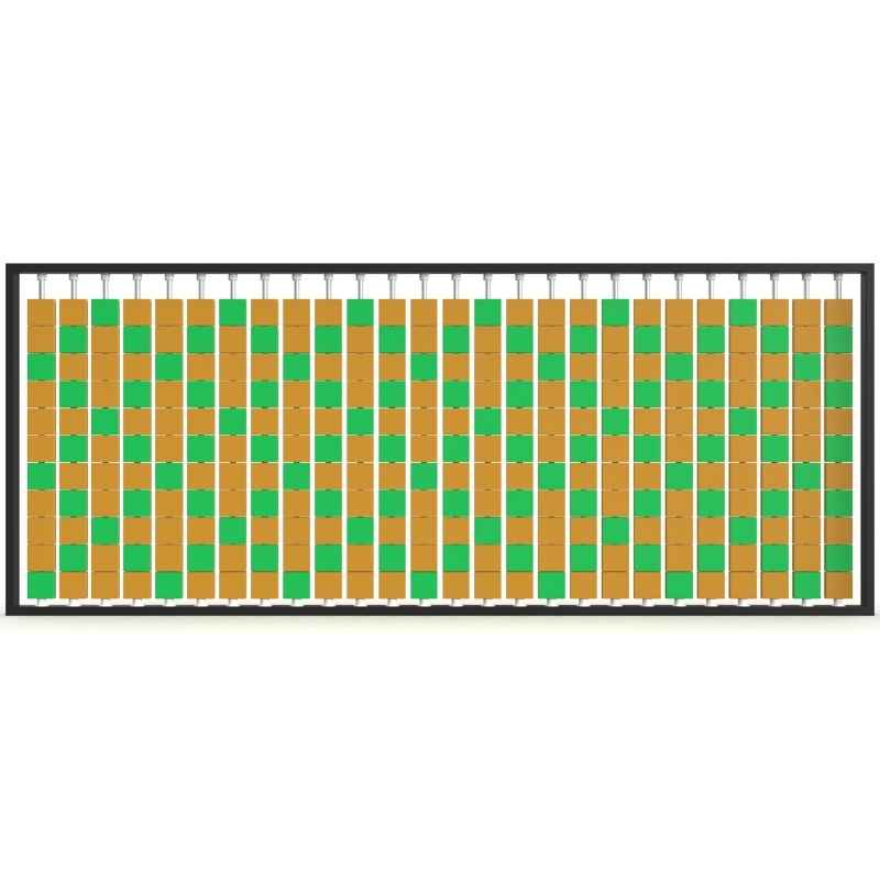 Angled view of the LiteZilla Mosaico Wall freestanding rotating wall panel with light blue and red small squares in a lattice pattern
