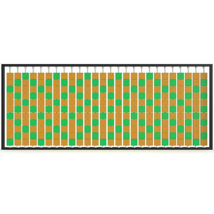 Angled view of the LiteZilla Mosaico Wall freestanding rotating wall panel with light blue and red small squares in a lattice pattern