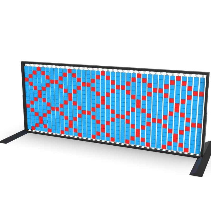 LiteZilla Mosaico Wall freestanding rotating wall panel with light blue and red small squares in a lattice pattern