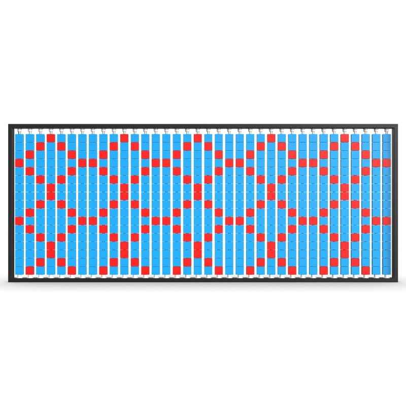 Angled view of the LiteZilla Mosaico Wall freestanding rotating wall panel spelling HI in orange and blue small squares