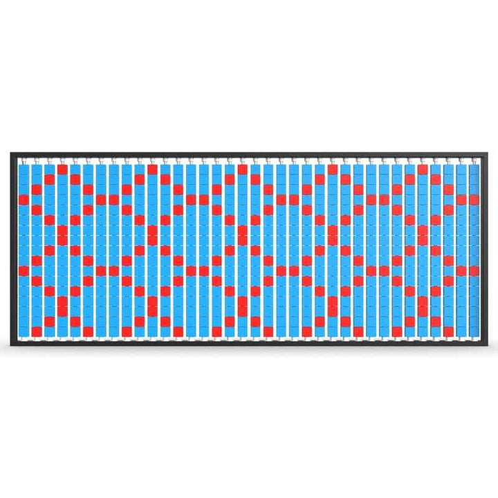 Angled view of the LiteZilla Mosaico Wall freestanding rotating wall panel spelling HI in orange and blue small squares