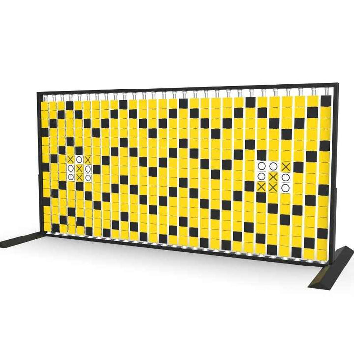 LiteZilla Mosaico Wall freestanding rotating wall panel with two built in tic tac toe games on black, yellow and white triangles