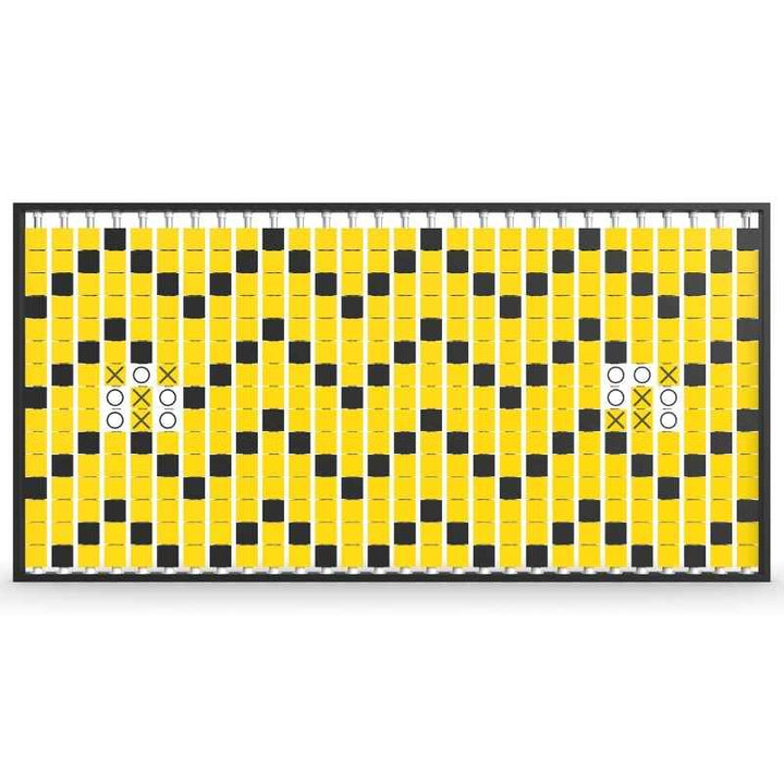 Angled view of the LiteZilla Mosaico Wall freestanding rotating wall panel with two built in tic tac toe games on light blue, red and white triangles